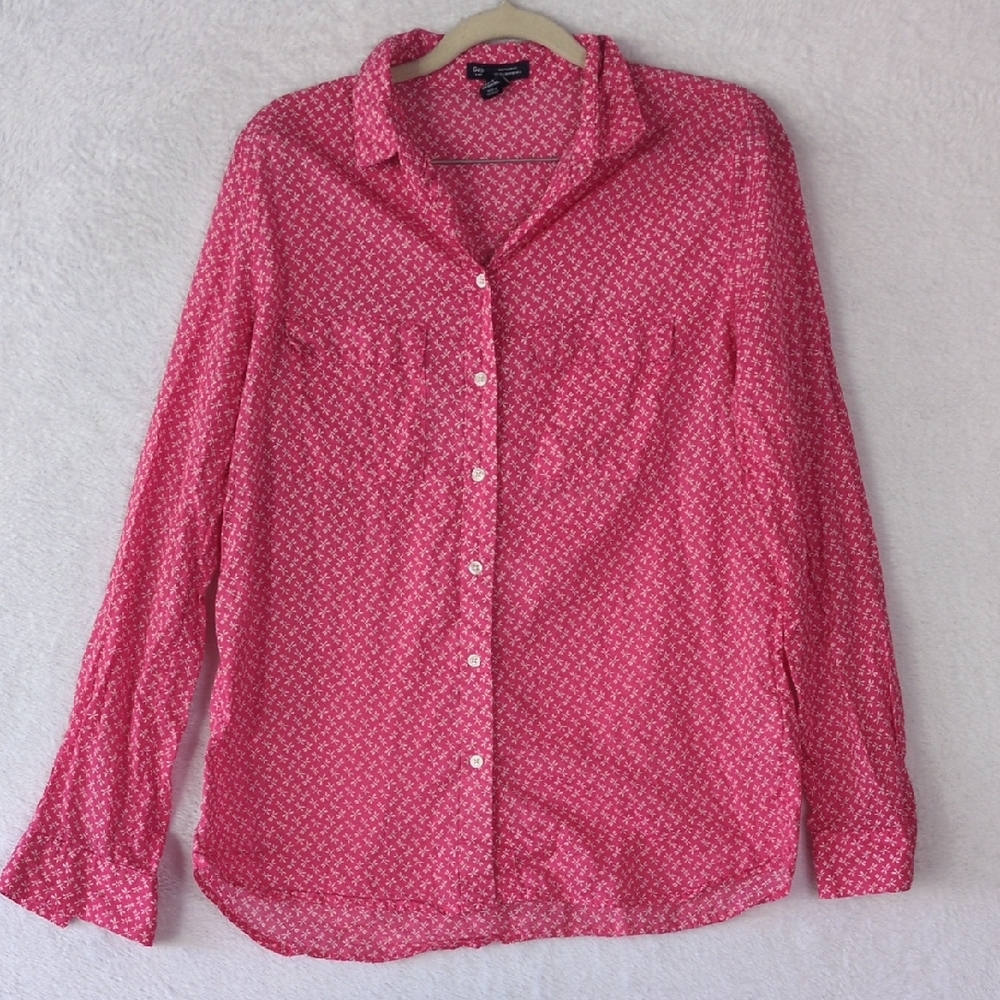 GAP Women's Pink Dragonfly Print Boyfriend Fit Button Down Shirt Size XS